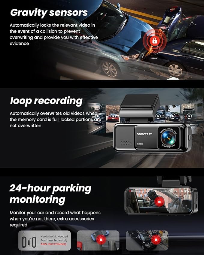 COOLCRAZY 4K Dash Cam Front, Built-in WiFi GPS, Dash Camera for Cars, 3.2" IPS Screen Dashcam with App Control, Free 32G Card, 170°Wide Angle, 24H Parking Mode, WDR, Night Vision, G-Sensor