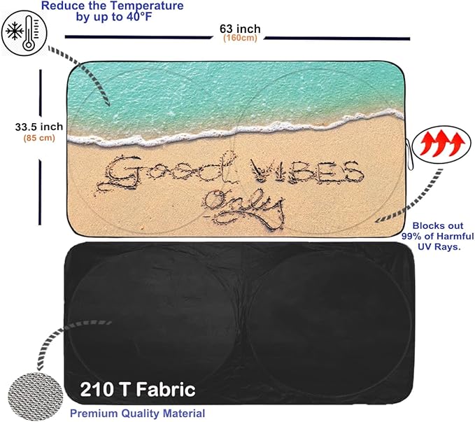 Gven Windshield Sun Shade, Car Front Window Shades Cute Sunshade Windshield Cover Sun Visor Shield Block Automotive Interior Protector Blocks UV Rays for Car Pickup Truck SUV (Good Vibes, L)
