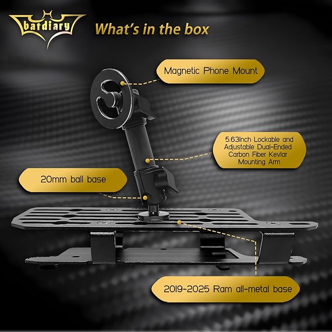 Ram 1500 Magnetic Phone Mount Compatible with 2019-2026 2021 2022 2023 2024 2025 Dodge Ram 1500 2500 3500 TRX Accessories Carbon Fiber Metal Cell Phone Holder Dash Mount No-Drill installation