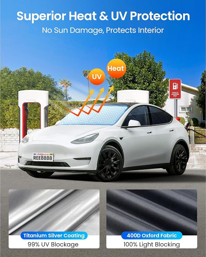 REEVAA Upgraded for Tesla Model S 2016-2026 Windshield Sunshade [Tailored Fit, 99% Sun Protection] Foldable Sun Shade Car Accessories with Storage Bag