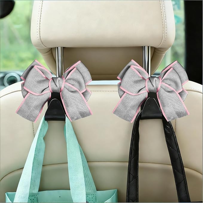 2PCS Car Seat Headrest Hooks, Cute Bow Vehicle Backseat Storage Hanger for Handbag Umbrella Coat, Automotive Seat Back Hook Holder Organizer Decor, Universal for Vehicles (Gray)