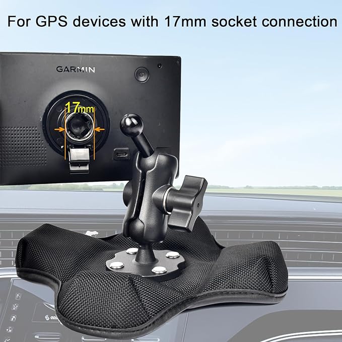 VAUBORTTI GPS Dashboard Beanbag Mount, 1" Ball Double Socket Aluminum Arm with 25mm to 17mm Adapter, Fits Garmin Drive, DriveSmart, Nuvi, Dezl GPS with 17mm Socket, Portable Non-Slip Friction Base