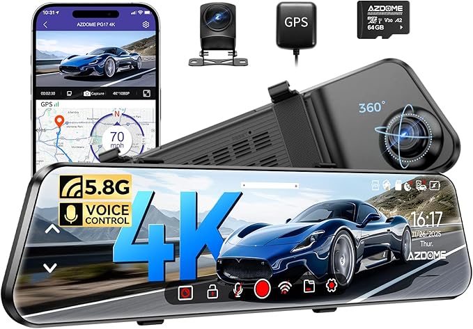 AZDOME PG17 2CH Mirror Dash Cam 4K - 12" Touch Screen - 24H Parking Mode - Mirror Dash Cam - Minimize Blind Spots - Built-in GPS & WiFi - Reverse Assist - Supports Voice Command
