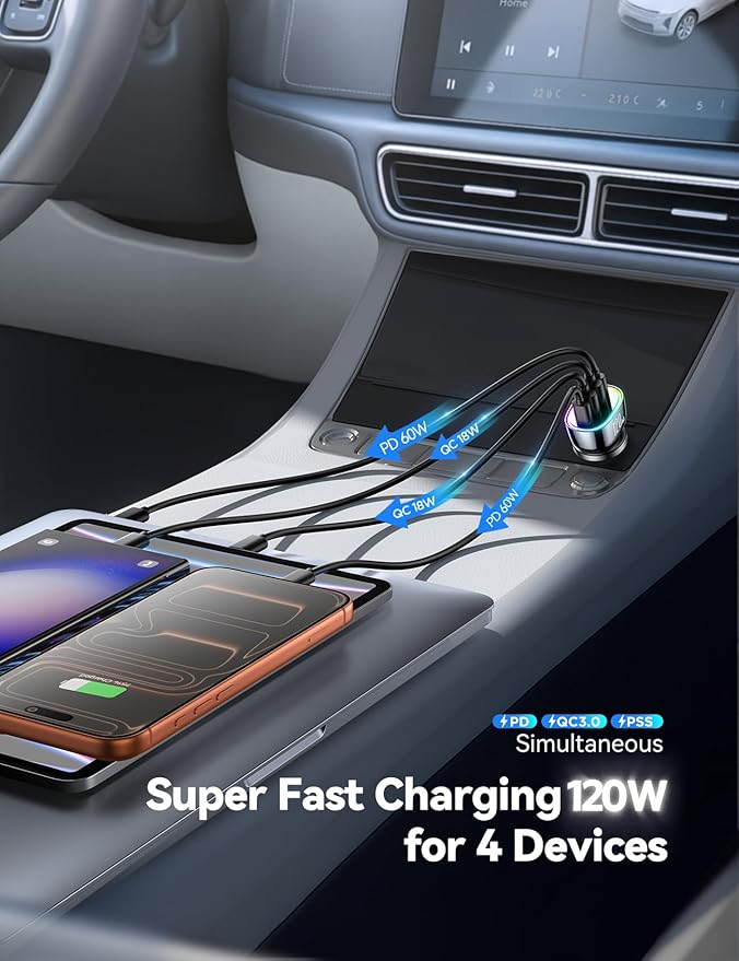 120W for iPhone 17 16 Pro Max Car Charger USB C Fast Charge, 4-Port Car Charger Cigarette Lighter Adapter, Dual 60W USBC & USB-A Multiport Car Adapter for iPhone 17 Pro/15/14/13, Galaxy S26/S25, iPad