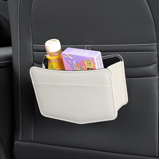 Car Trash Can Small Leather Vehicle Trash Bin Car Dustbin Garbage Organizer Holder with Trash Bag Foldable Mini Cars Storage Bag Container for Auto SUV Van Trucks (White,Clip on)