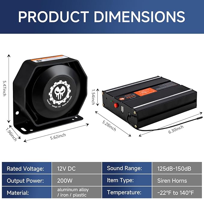 Warning Emergency Siren 12V Police Siren Speaker PA System Kit 200W 125-150dB Remote Control with Handheld Microphone for Car Ambulance Vehicles Fire Truck SUV ATV UTV