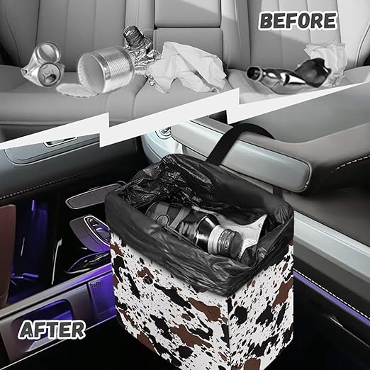 Cow Cowhide Print Car Trash Can for Back Seat Car Accessories for Women Men Leakproof Auto Garbage Cans Hanging Trash Bin for Car Water-Resistant