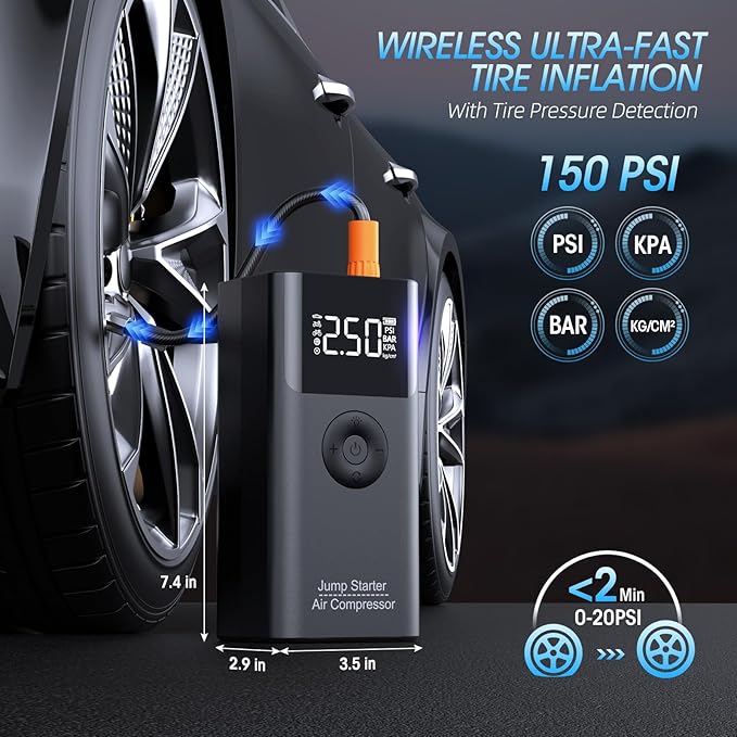 Jump Starter with Air Compressor, LERTIN 2500A 150PSI Portable Car Battery Jump Starter Pack, 12V Jump Box with USB Fast Charge, for up to 9.0 Gas/8.0L Diesel Engine, 3 Modes Lights/Large LCD Display
