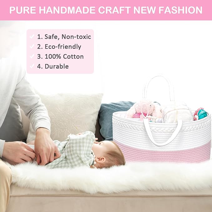 ABenkle X-Large Diaper Caddy Organizer - Cotton Rope Nursery Storage Basket for Baby Essentials, Boys & Girls Shower Gift, Changing Table Organizer