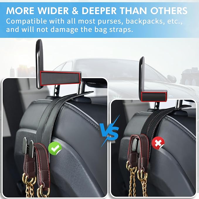 Car Hooks for Headrest, Leather Car Seat Back Storage Organizer Interior Accessories, More Wide & Deep Auto Seat Hook Hangers for Purse Umbrellas Handbag Clothes Coats Grocery Bags (Black-1 Pack)
