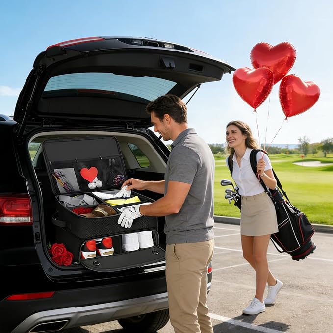 Golf Trunk Organizer Storage with Separate Compartment for 2 Pair Shoes Up to US Mens 16,2 Layer Golf Trunk Organizer,Waterproof Car Trunk Locker for Balls, Tees,Gifts for Golfers