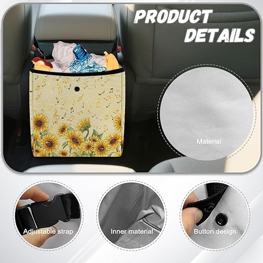 Sunflower Music Notes Pattern Car Trash Can Leakproof Trash Bin Car Garbage Can Hanging Water-Resistant Collapsible Auto Trash Bag Car Accessories for Women Men