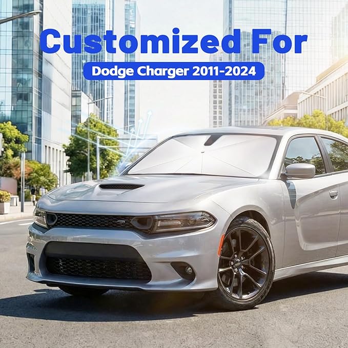 Car Windshield Sun Shade for Dodge Charger 2011-2024 –[Reflective Coated Fabric] Sunshade Umbrella for Front Window, Car Shades Sun Visor Keep Car Cool and Protects Interior, 1:1 Exact Fit