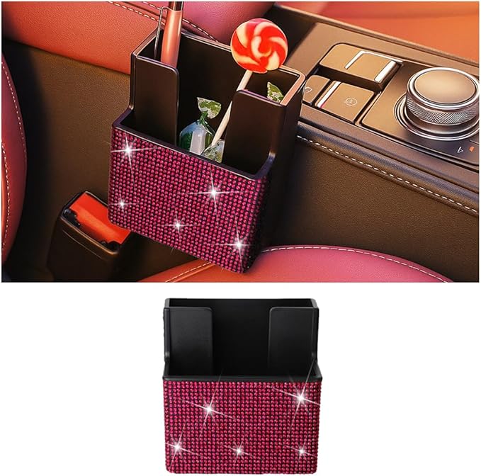 Bling Car Seat Side Organizer, Crystal Rhinestone Vehicle Storage Bag Holder for Pen Phone Document, Diamond Sparkling Automotive Organization Box Accessories, Universal Fit (Rose Red)