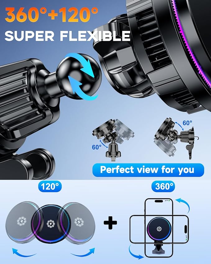 2026 Upgrade TEC & Fan Dual Cooling Magnetic Wireless Car Charger, For Magsafe Car Charger Mount, RGB, Air Vent 15W Fast Wireless Charging Car Phone Holder for iPhone 17/16/15/14/13/12, Samsung ＆Pixel