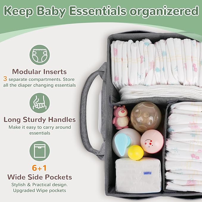 Diaper Caddy with Wipe Dispenser One-Handed Access, Premium Diaper Organizer, Portable Car Organizer Nursery Basket for Newborn Essentials, Baby Registry Must Haves for Boys & Girls,Grey