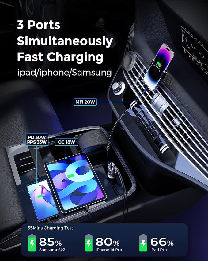 [Apple MFi Certified] iPhone Car Charger, Built-in 5.7FT Lightning Cable for iPhone 17/16/15/14/Max/XR/X/8/7/iPad, 71W 3-Ports PD30W Car Charging Adapter for Samsung Galaxy S25/S24/S23, Google Pixel