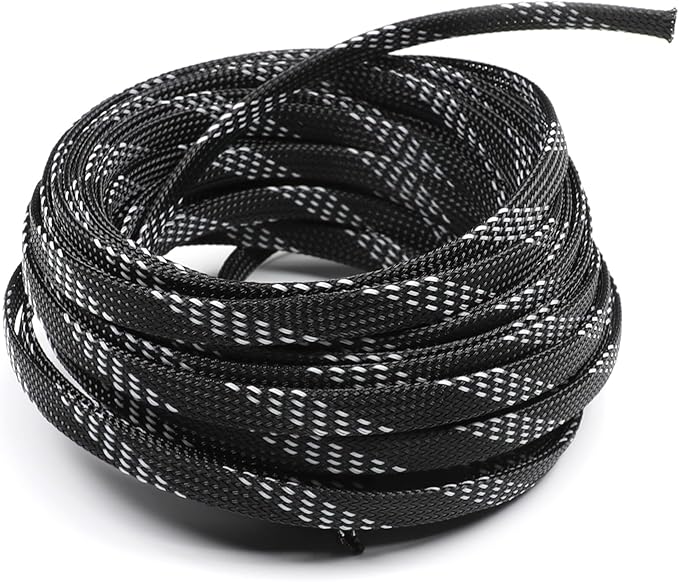 Aicosineg 32.81ft PET Flexible Braided Cable Sleeve 0.33inch Width Wire Loom Sleeving and Organizer Flexible Wire Mesh Sleeve Wrap Protector for TV Audio PC Cords from Pets Chewing Black and Yellow