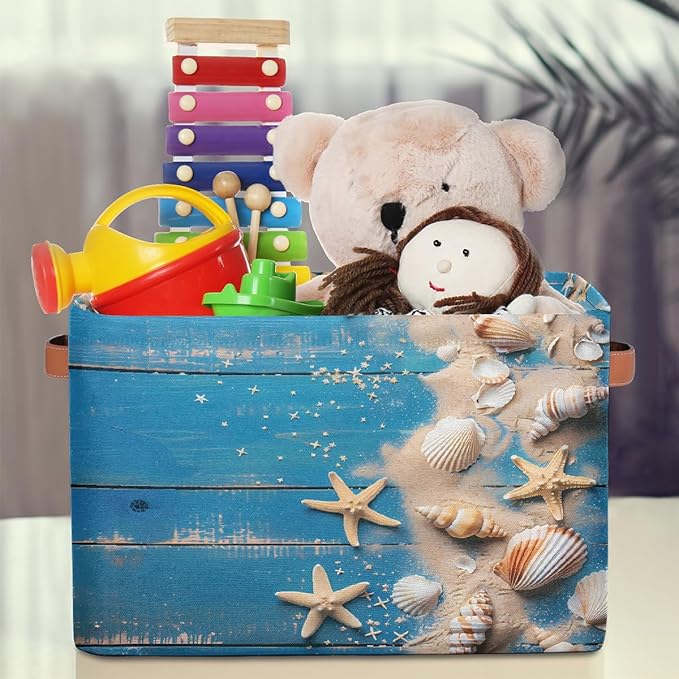 Blue Wooden Board Storage Baskets for Organizing, Fabric Collapsible Storage Bins Box Seashells Decorative Toy Organizer Baskets for Closet Shelves Gift Basket 1 Pc