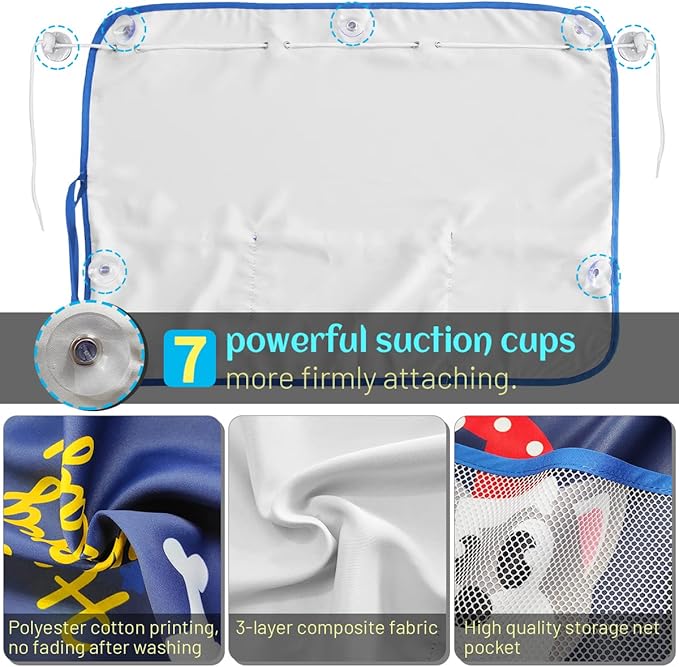 DIZA100 2 Pack Car Window Shade for Baby, Blackout Car Sun Shades with Storage Pockets, 7 Suction Cups, Blue, Cute Patterns for Sun/Heat/UV Rays Protection, Standard Passenger Cars