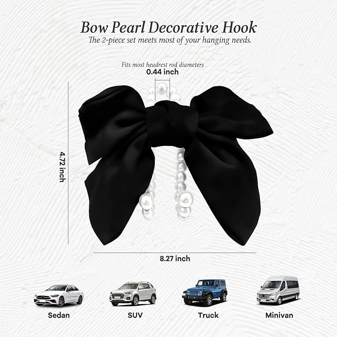 2PCS Satin Bow Pearl Car Seat Headrest Hooks – Car Bag Holder & Vehicle Hanger for Purses – Cute Coquette Aesthetic Interior Decoration – Cute Auto Organizer Accessories Universal (Black)
