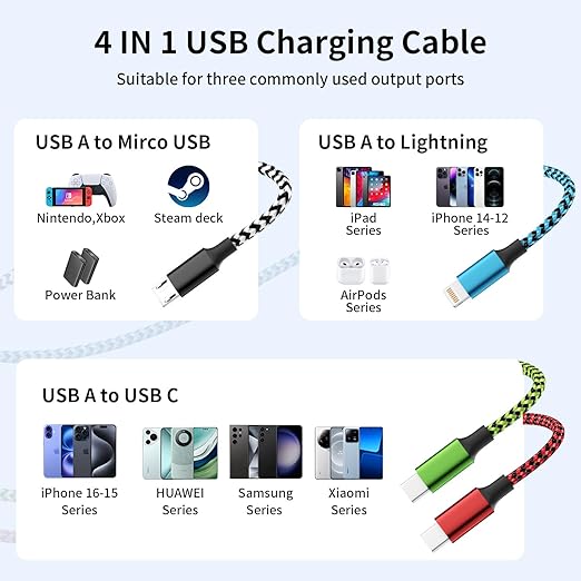 Travel Cruise Essentials 2026, Dual Type-C 4 in 1 Charging Cable, Multi Charging Cables for All Devices,2 USB C Ports Car Charger Cable for for iPhone 17-8/ Android/iPad and More