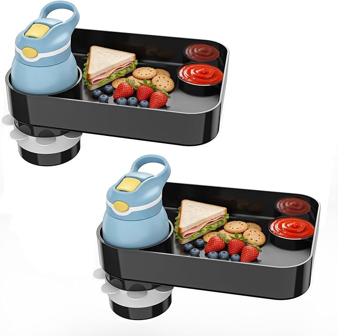 Kids Car Seat Tray, Travel Tray with Cup Holder for Toddler Baby, Kids Car Seat Food Snack Organizer for Road Trip, Stroller Snack Organizer Travel Must Haves Toddler Must Haves (Black, 2 Packs)