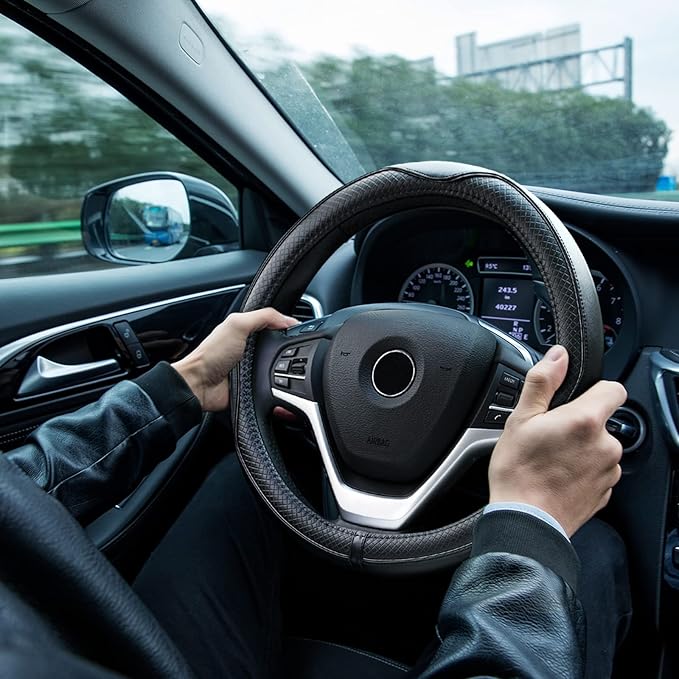 Rueesh Microfiber Leather Steering Wheel Cover Anti-Slip Matte Finish Auto Car Wheel Cover Universal 15 Inch Wheel Cover for Car Embossing Pattern Black Line