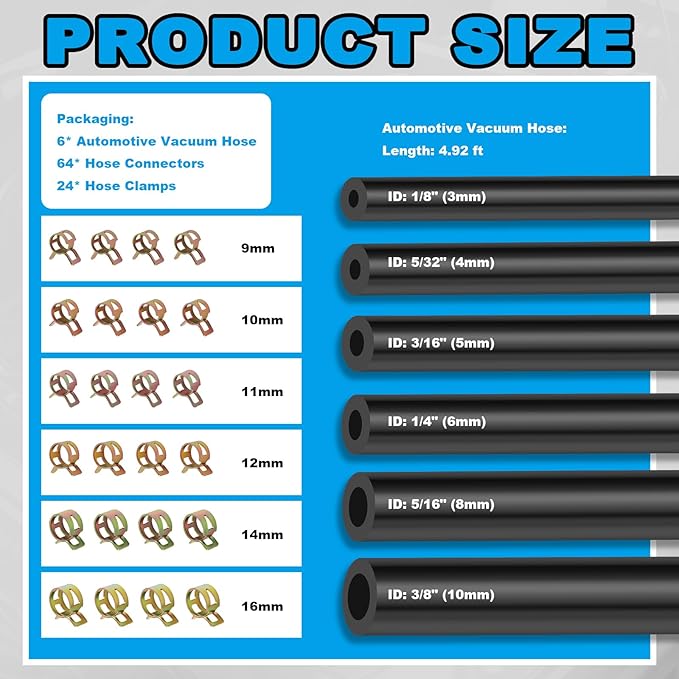 6PCS 5Ft Silicone Vacuum Hose Automotive Kit,ID 3/8",5/16",1/4",3/16",5/32",1/8" Vacuum Lines Automotive with Tee/Straight/Reducer Connector & Clamps,Professional Vacuums Line Kit (94PCS)