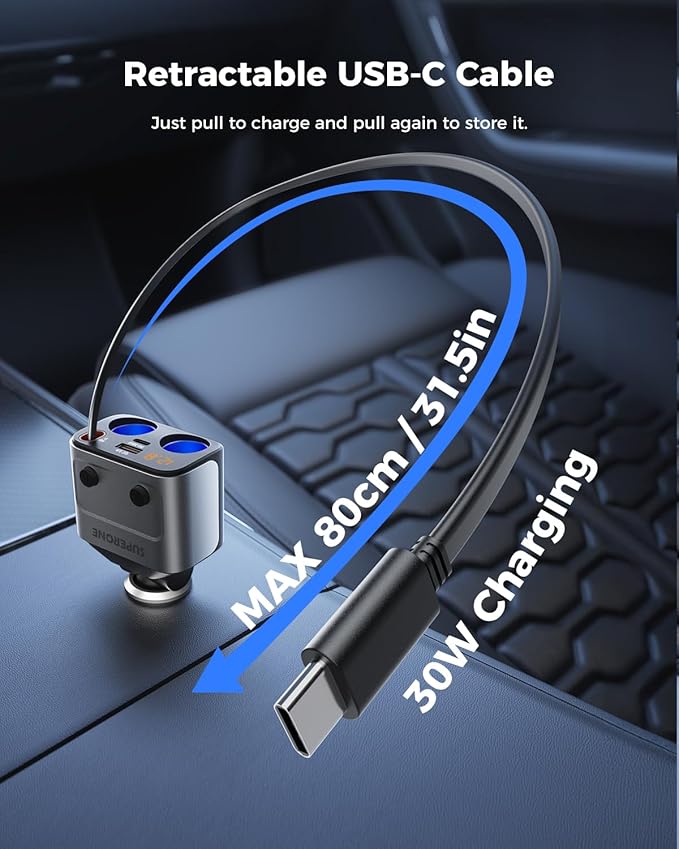 180W Cigarette Lighter Splitter w/Retractable 36W USB-C Cable, SUPERONE 2-Socket Cigarette Lighter Adapter with QC3.0 Car Charger Splitter for GPS/Dash Cam/Laptop/iPad/iPhone 17/16/15/14/13/12/11