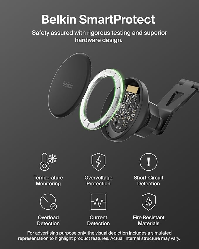 Belkin Tesla Phone Mount, Magnetic Wireless Car Mount for EV (Strong Magnet) w/ 3.3ft USB C Cable, Qi2 MagSafe Compatible Fast Charging for iPhone 17/16/15, Model 3, Model Y, etc. - Tesla Accessories