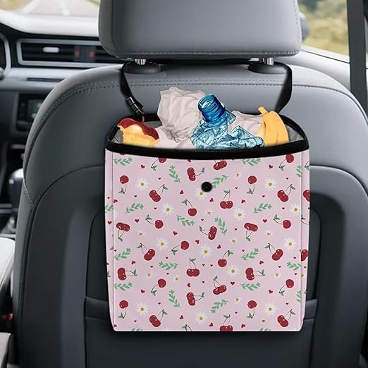 2 Gallons Open-Top Car Trash Can Hanging Car Trash Bag Water Resistant Leakproof Trash Bag Car Accessories for Women, Cherries and Daisy Pink