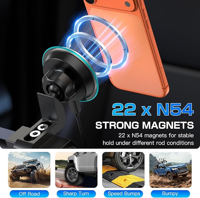Magnetic Phone Mount with 15W Fast Charging for Toyota Tacoma 2016–2023, 22 Strong Magnets, Rock-Solid Hold on Rough Roads