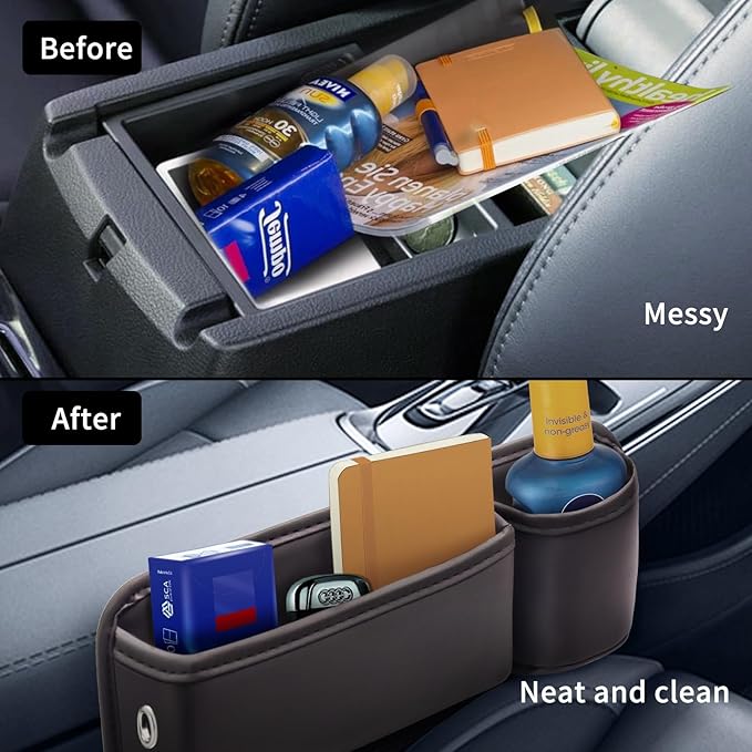 Car Leather Cup Holder Gap Bag 2-Piece Car Seat Gap Filler with Cup Holders for Cups Glasses Keycard (Main and Passenger) (Mocha Brown)