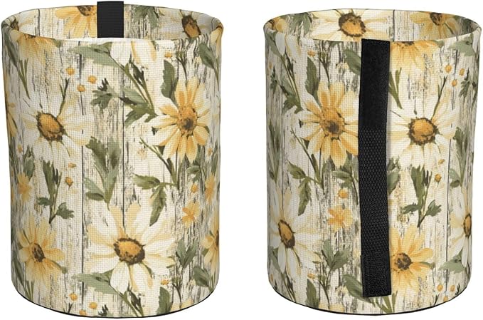 Car Trash Can Wood Grain Daisy Pattern Multipurpose Collapsible Leakproof Trash Bin Car Accessories for Car Automotive Truck SUV