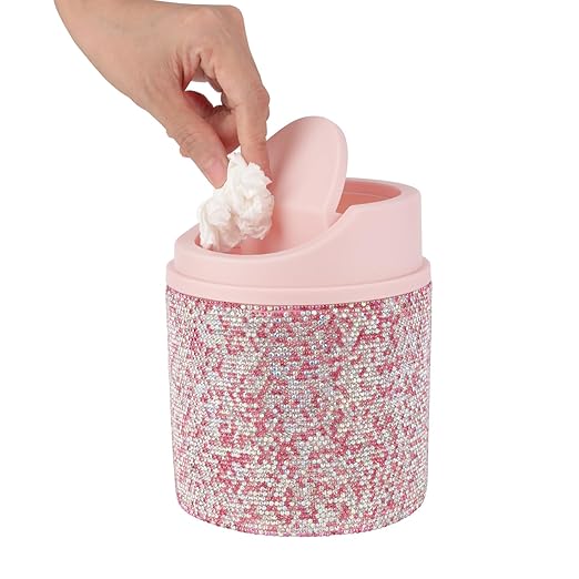 KEYPOWER Bling Rhinestone Mini Plastic Trash Can Cute Small Waste Can with Swing Lid,Suitable for Home Countertop,Car,Table Desk,Office (Pink)