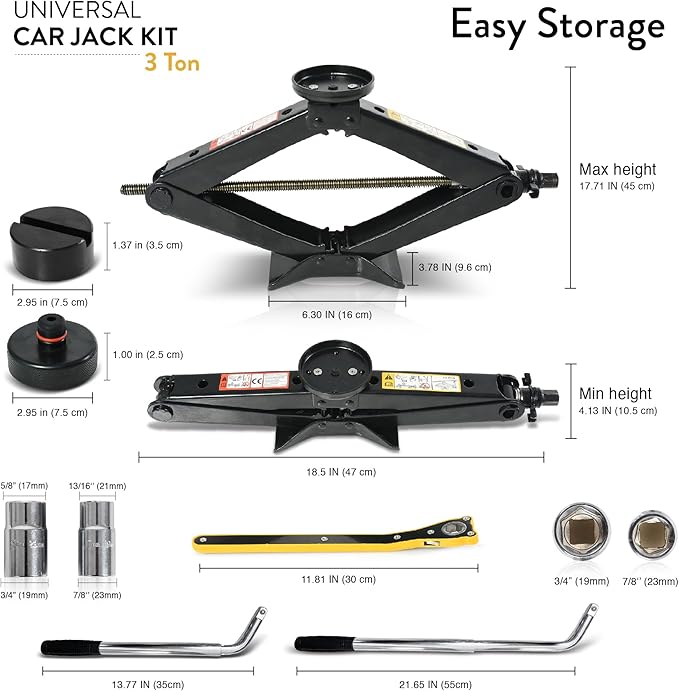 Car Jack Kit with Tesla Pad & Universal Rubber Pad 3 Ton (6,600 lbs) | Scissor Jack for Car - Tire Jack Tool Kit | Portable, Ideal for SUV and Auto - Universal Emergency Kit with Lug Wrench