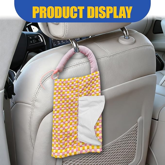 Car Tissue Holder, Checkered Pattern Car Backseat Napkin Holder, Rectangular Canvas Hanging Auto Tissues Box, Universal Vehicle Storage Organizer Accessory for Phone, Small Items (Pink)