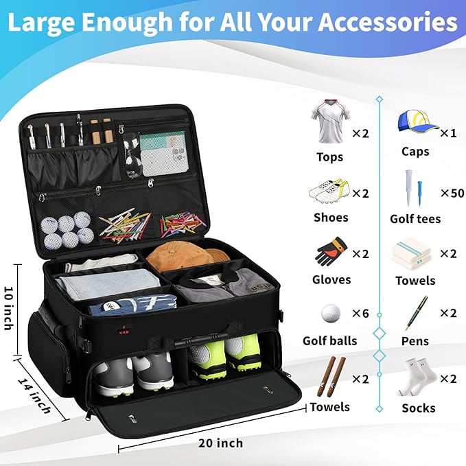 Mogplof Extra Large 2 Layer Golf Trunk Organizer, Golf Gifts for Men Golfers, 20"x 14"x 10" Water-Resistant Car Durable Golf Organizer for 2 Pair Shoes, Balls, Tees, Clothes, Gloves, Accessories
