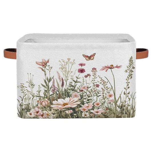 Spring Wildflowers Storage Baskets for Organizing, Fabric Collapsible Storage Bins Box Plants Floral Decorative Toy Organizer Baskets for Closet Shelves Gift Basket 1 Pc