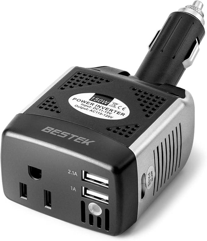 BESTEK 150W Power Inverter 12V to 110V Voltage Converter Car Charger Power Adapter with 3.1A Dual USB Charging Ports, Rotatable Plug & Safety Protection for Road Trip, Camping, Laptop