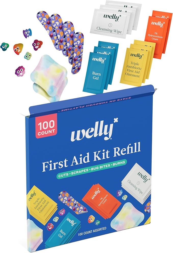 Welly First Aid Kit Refill Carton | Includes Individual Bandages, Cleansing Wipes, Antibiotic Packets, Burn Gel, Hydrocortisone Cream, and Bug Bite Relief Patches | 100 ct