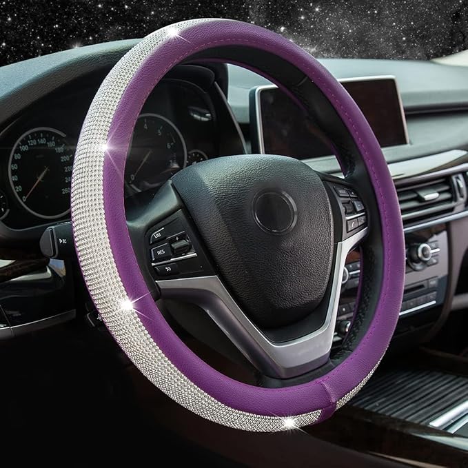 New Diamond Leather Steering Wheel Cover with Bling Bling Crystal Rhinestones, Universal Fit 15 Inch Car Wheel Protector for Women Girls Purple