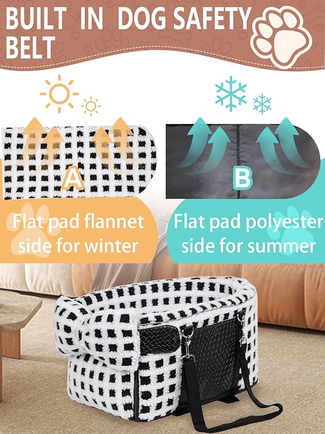 Prpeko Portable Dog & Cat Car Seat - Center Console Booster Seat with Pillow (Grid-White, Under 13 lbs)