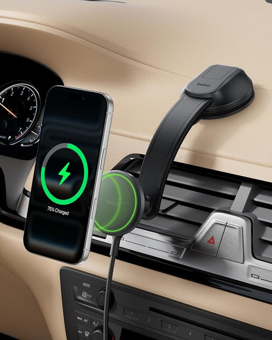 Belkin Wireless Car Charger, MagSafe Phone Holder & Car Dash Mount w/ 1M USB C Cable, Qi2 MagSafe Compatible Fast Charging iPhone Charger for iPhone 17, Galaxy S25, Pixel 10, Road Travelers, Black