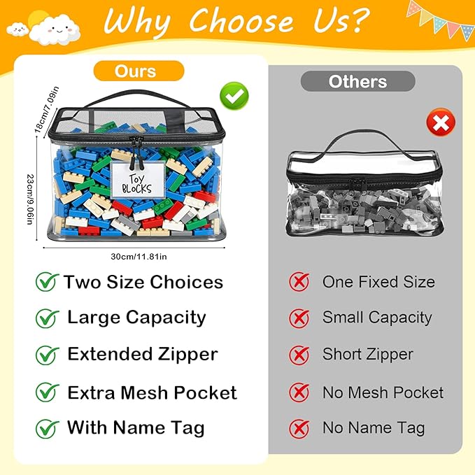 6 Pack Large Toy Storage Bags, Clear Toy Organizer with Labels, Waterproof PVC Toy Organization and Storage for Building Blocks, Puzzles, Dolls and Board Games, for Kids Ages 3+