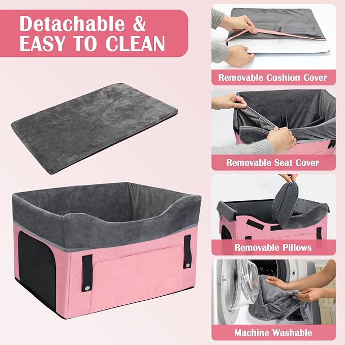 PetsHome Dog Car Seat for Small Dogs, Detachable Washable Pet Booster Seat with Storage Pocket, Breathable Mesh, Safety Leash, Adjustable Straps for Small Pets Up to 25lbs-Pink