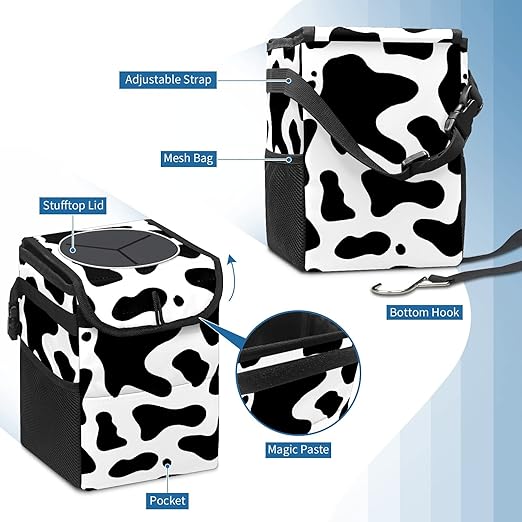 Western Black White Cow Print Car Trash Can with Lid Collapsible Reusable Waterproof Car Garage Bag,Automotive Garbage Can,Car Accessories Interior Car Organizer