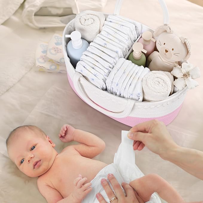19L Baby Diaper Caddy Organizer, 16.8"x9.8"x9" Cotton Rope Diaper Basket, Changing Table Storage Caddy With Removable Divider, Baby Basket for Nursery, Car, Diapers, Baby Shower Gifts for Newborn