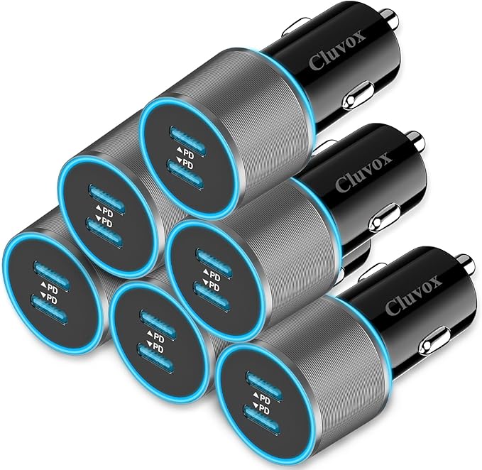 6 Pack 40W USB C Car Charger Fast Charging, Dual 20W Type C Port Cigarette Lighter Adapter, 12V USBC Plug Accessories Bundle for iPhone 17 16, Samsung Galaxy S26, Google Pixel 10 Android Phone- Grey
